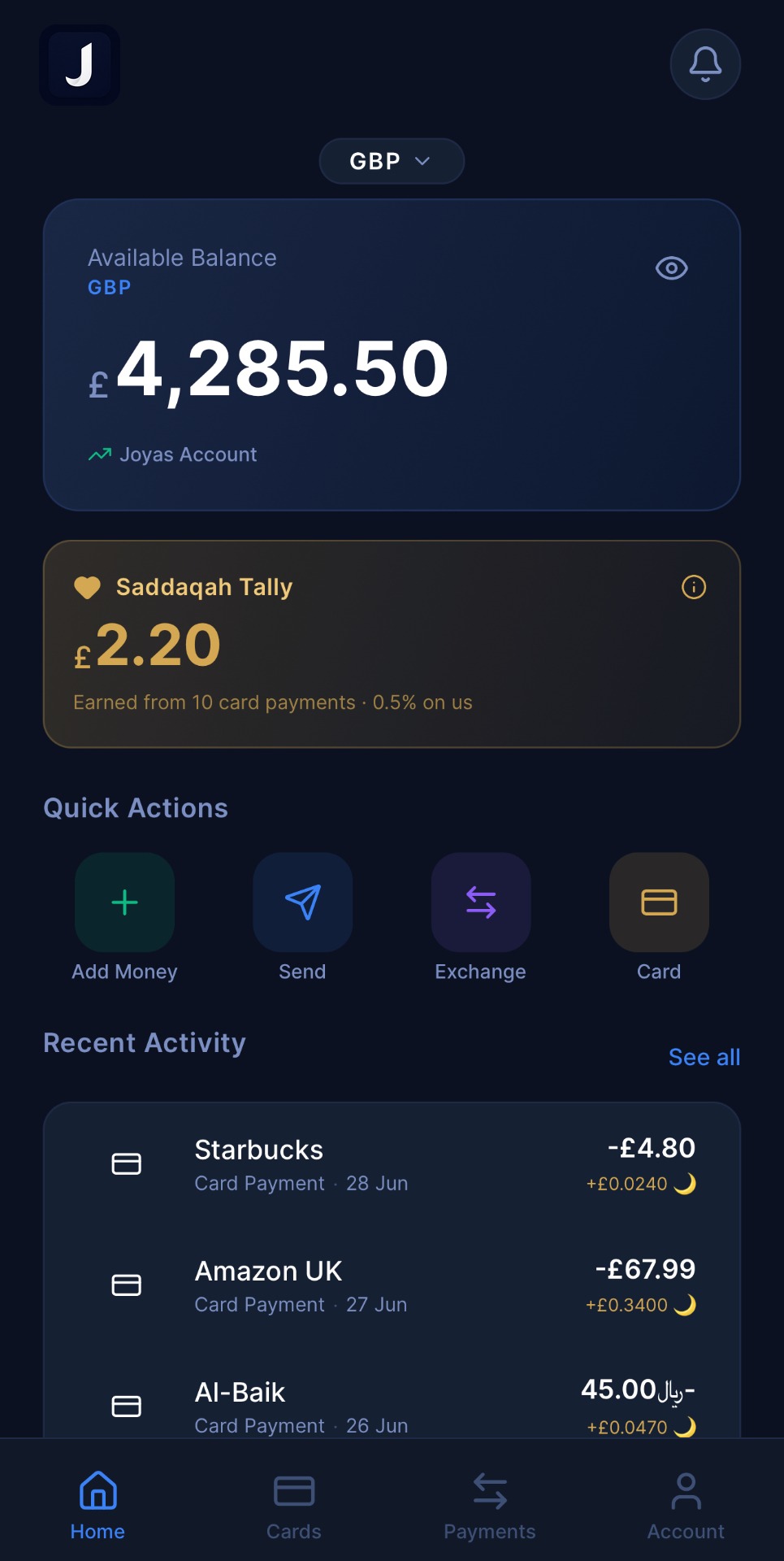 Joyas Pay home screen showing balance and Saddaqah Tally