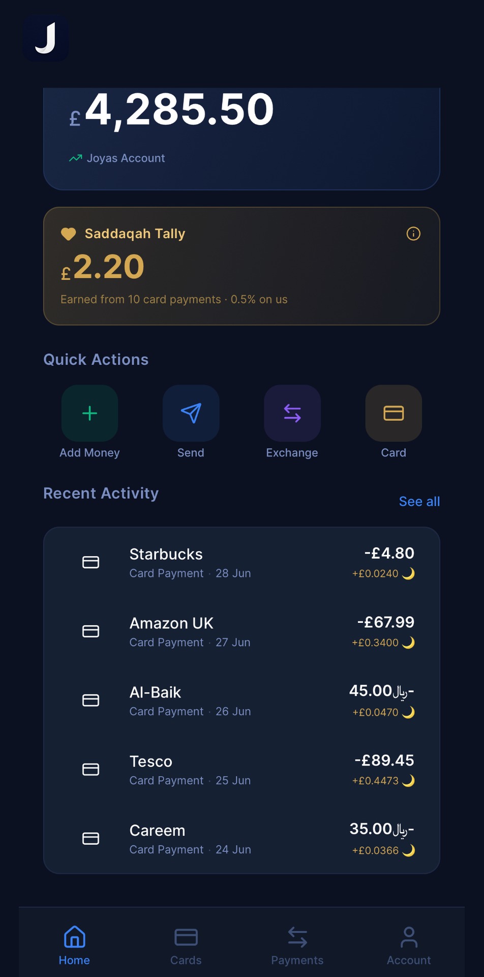 Saddaqah Tally card showing £2.20 earned from card payments